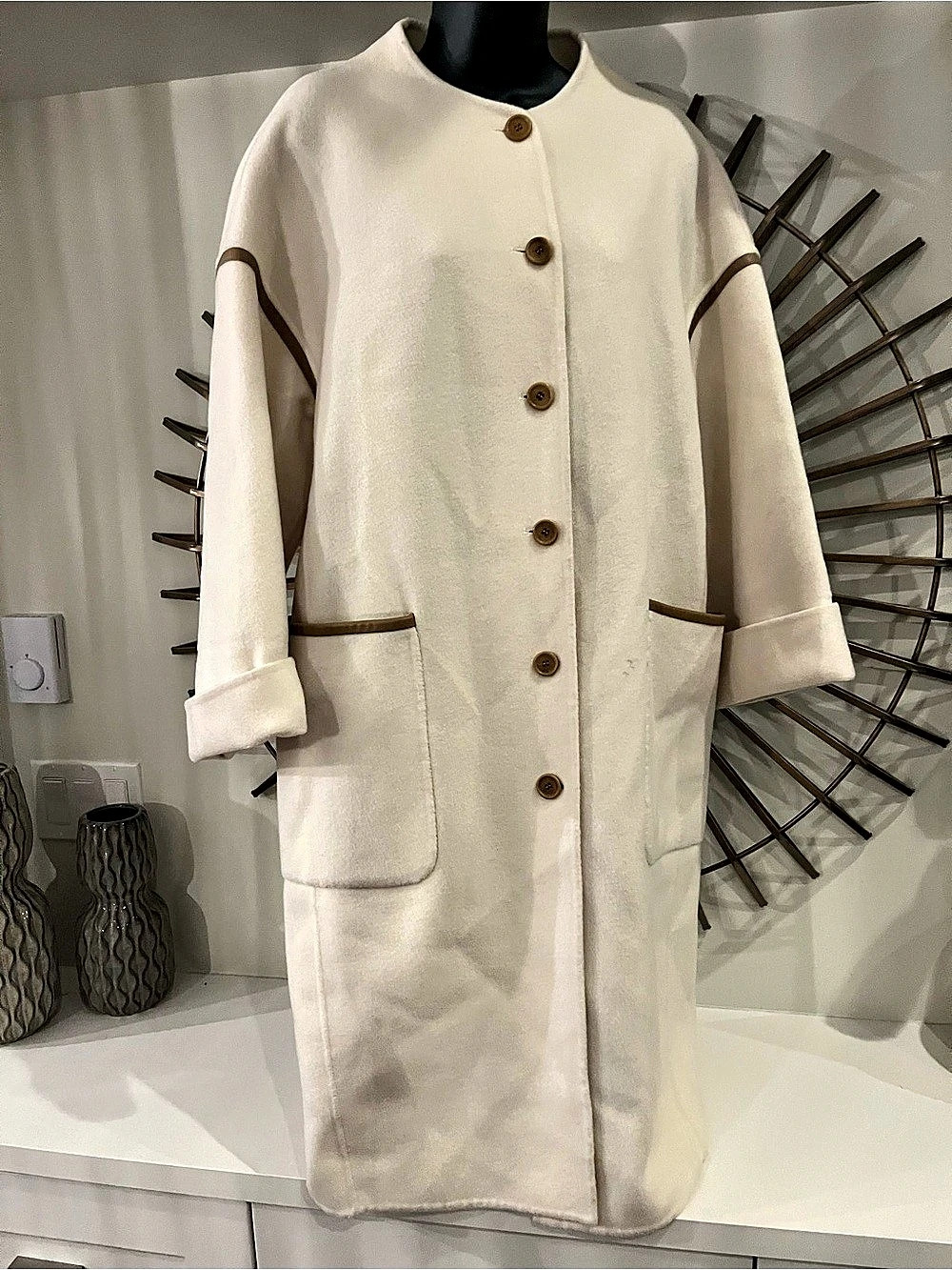 Collarless Wool-Cashmere Coat in White Like New